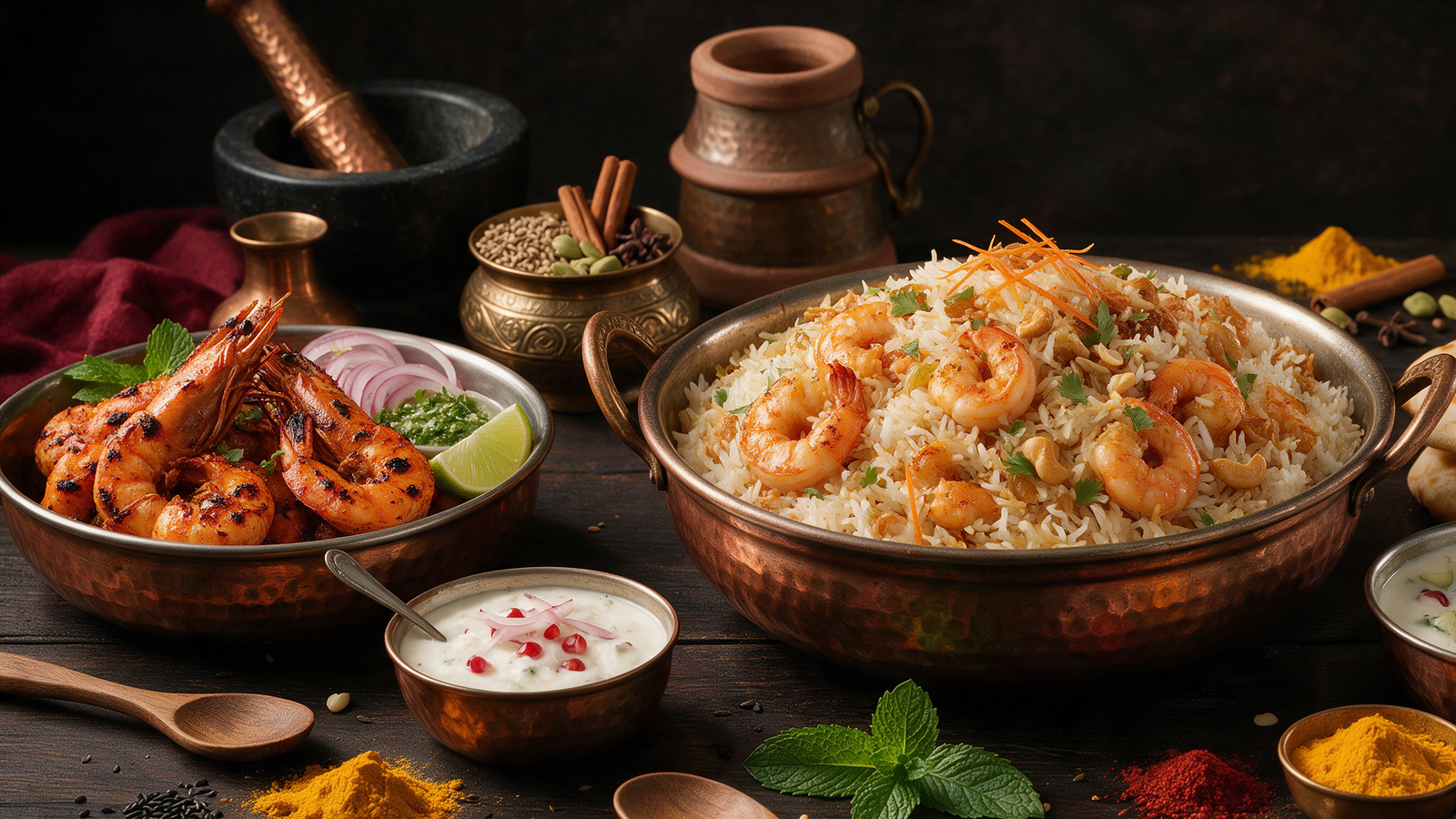Wide banner — king prawns in curry sauce or on skewers, 1920×700px.