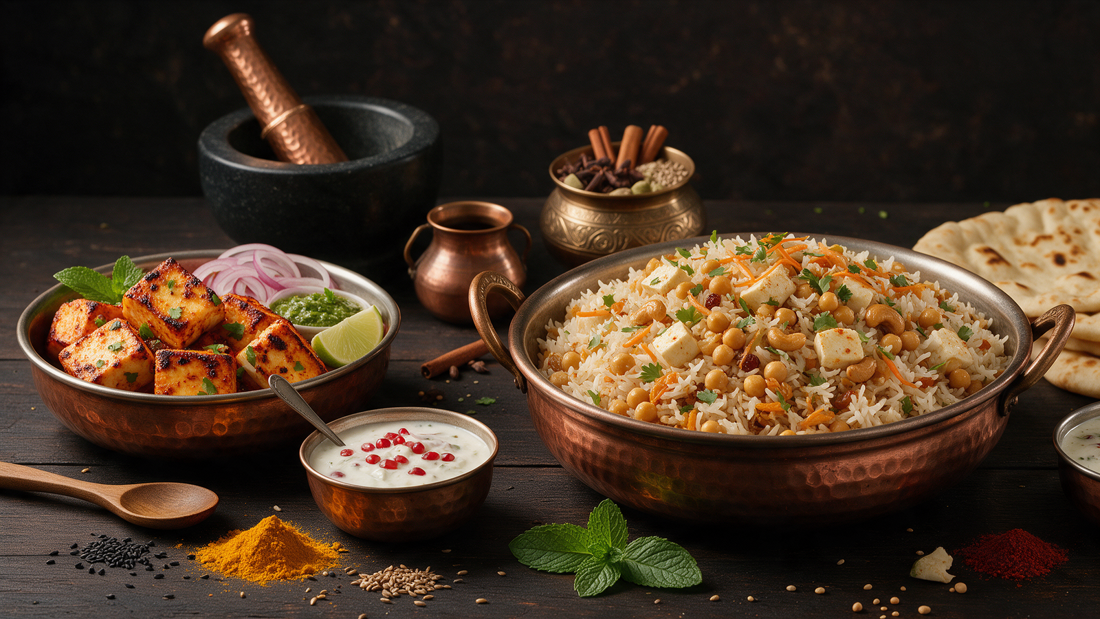 Wide banner — vegetarian dish (e.g. Palak Paneer or Sag Aloo), 1920×700px.
